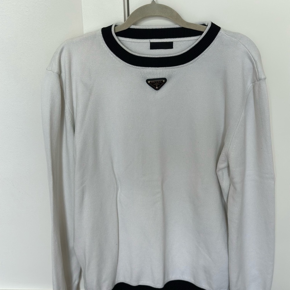 Prada White Crewneck Sweater with Black Accents